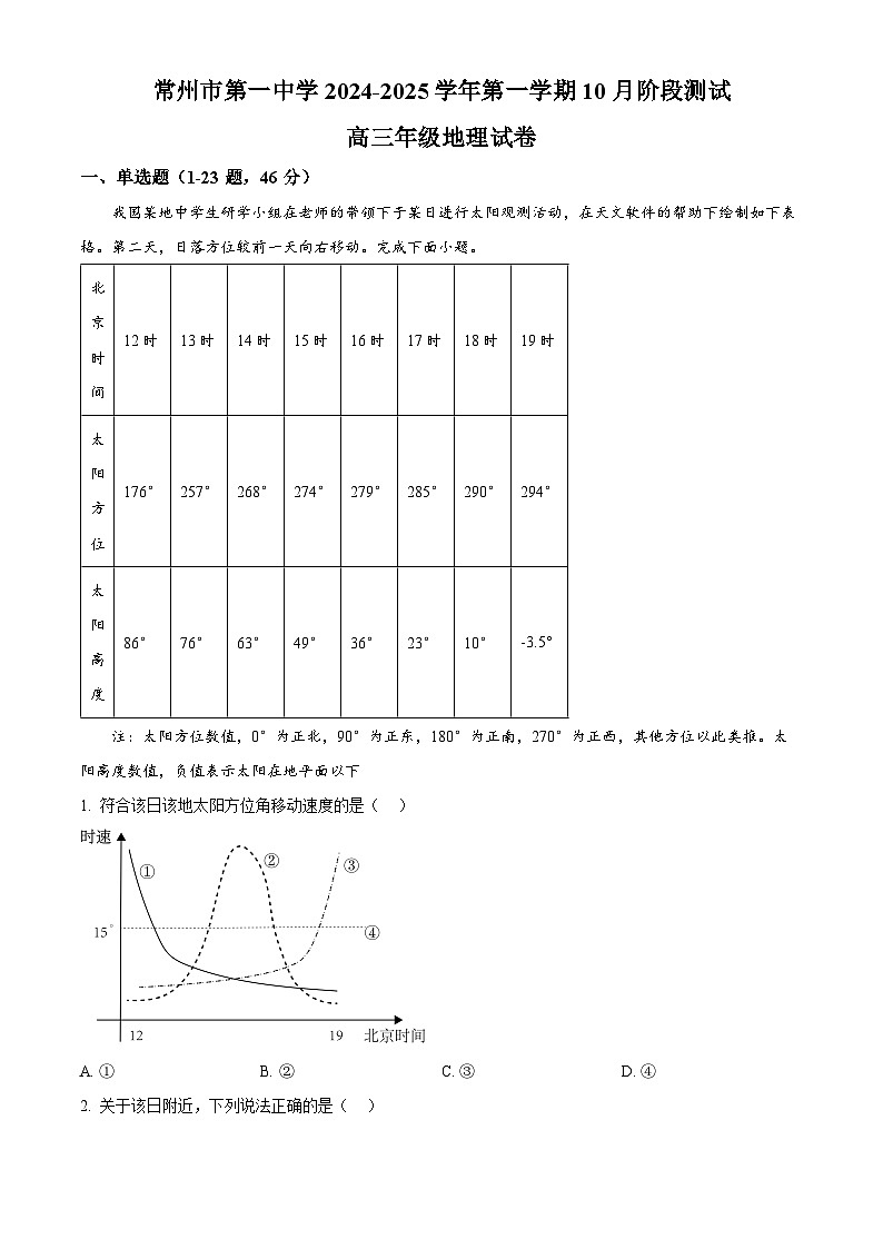 江苏省常州市第一中学2024-2025学年高三上学期10月月考地理试题（原卷版）第1页