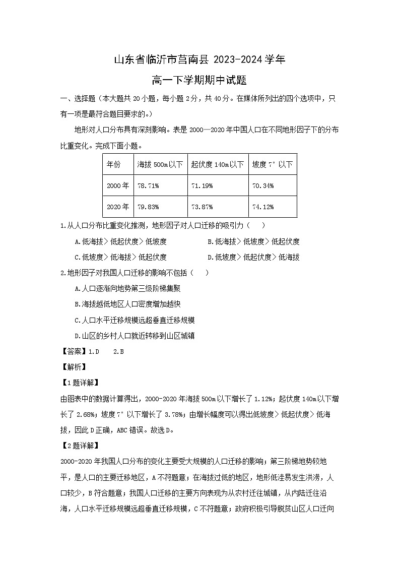 山东省临沂市莒南县2023-2024学年高一下学期期中地理试卷（解析版）第1页