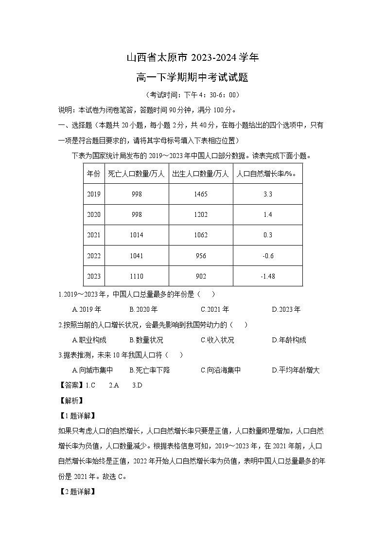 山西省太原市2023-2024学年高一下学期期中考试地理试卷（解析版）第1页