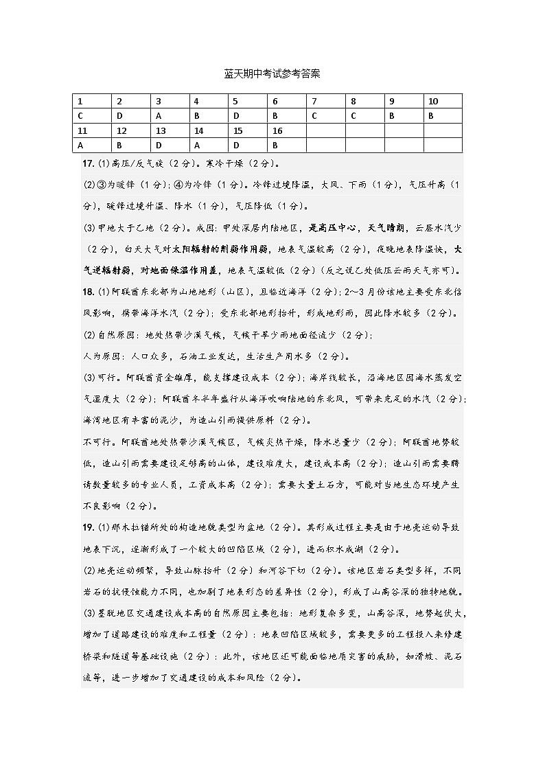 高二期中地理考试参考答案第1页