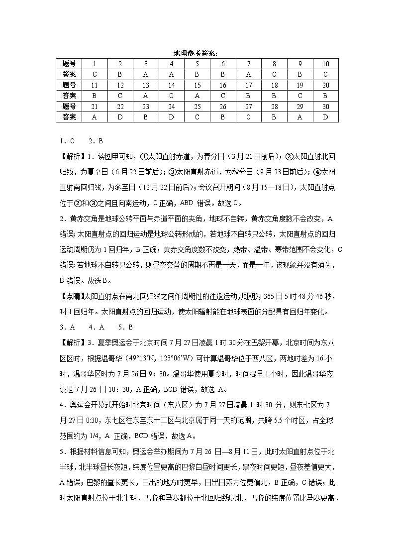 四川省遂宁市遂宁中学高新学校2024-2025学年度上期10月月考地理答案第1页