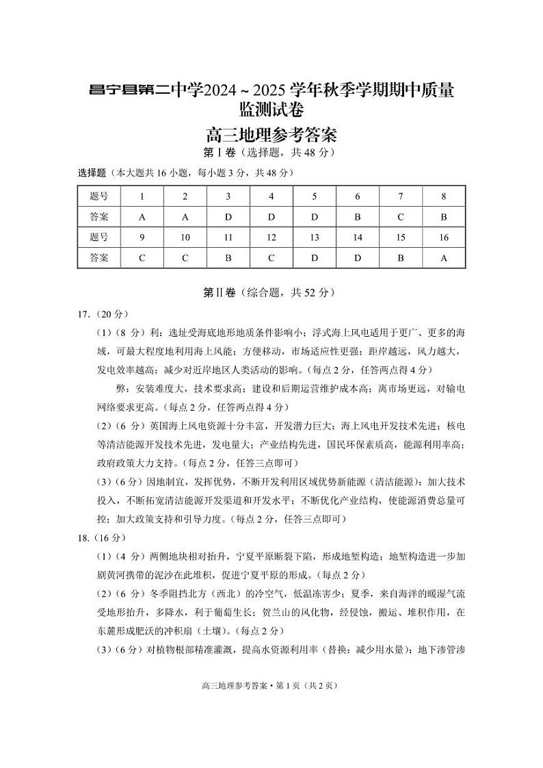 昌宁县第二中学2024～2025学年秋季学期期中质量监测试卷高三地理-答案第1页