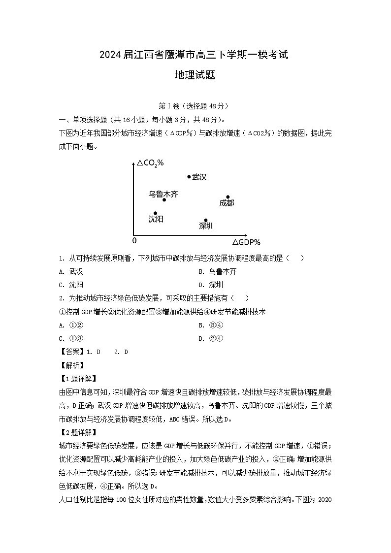 2024届江西省鹰潭市高三下学期一模考试 地理试卷(解析版)第1页
