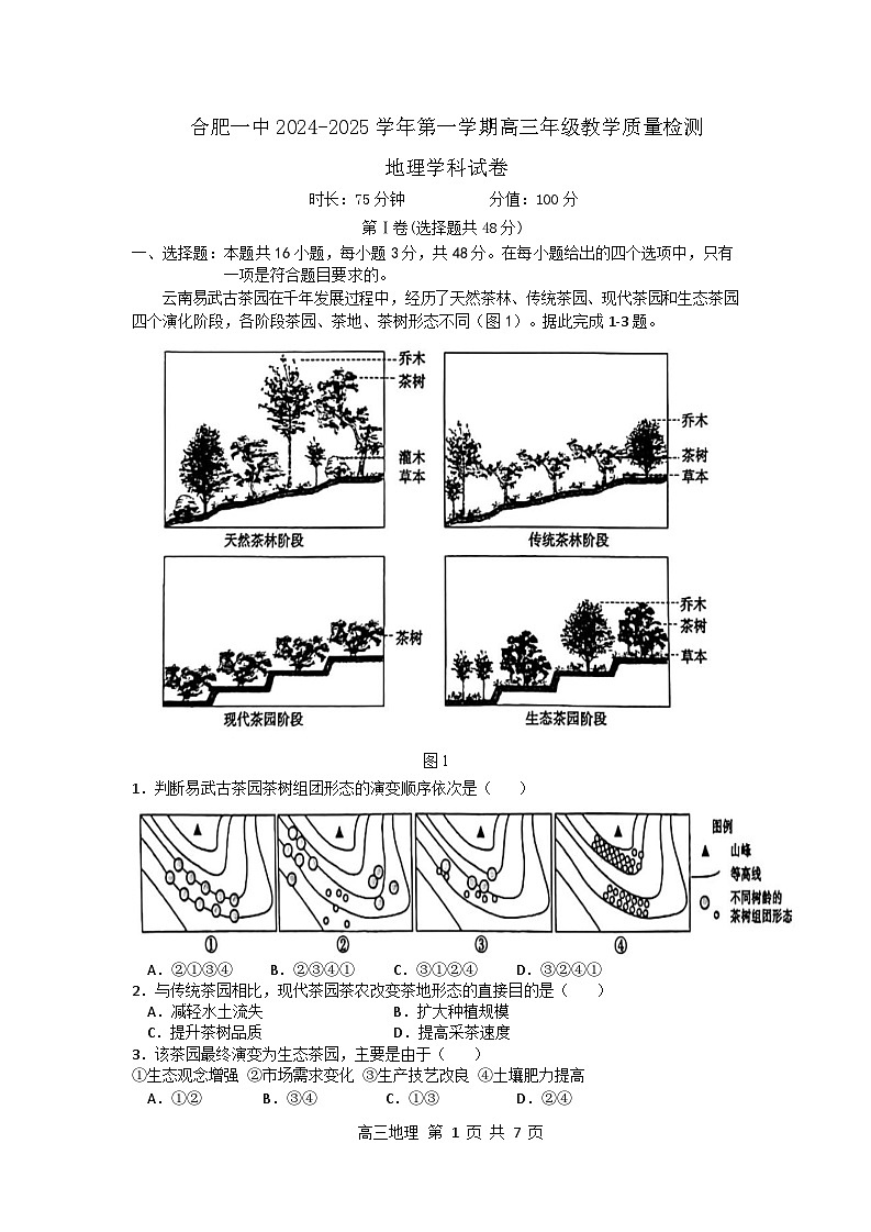 安徽省合肥市第一中学2024-2025学年高三上学期11月教学质量检测地理试卷（Word版附答案）01