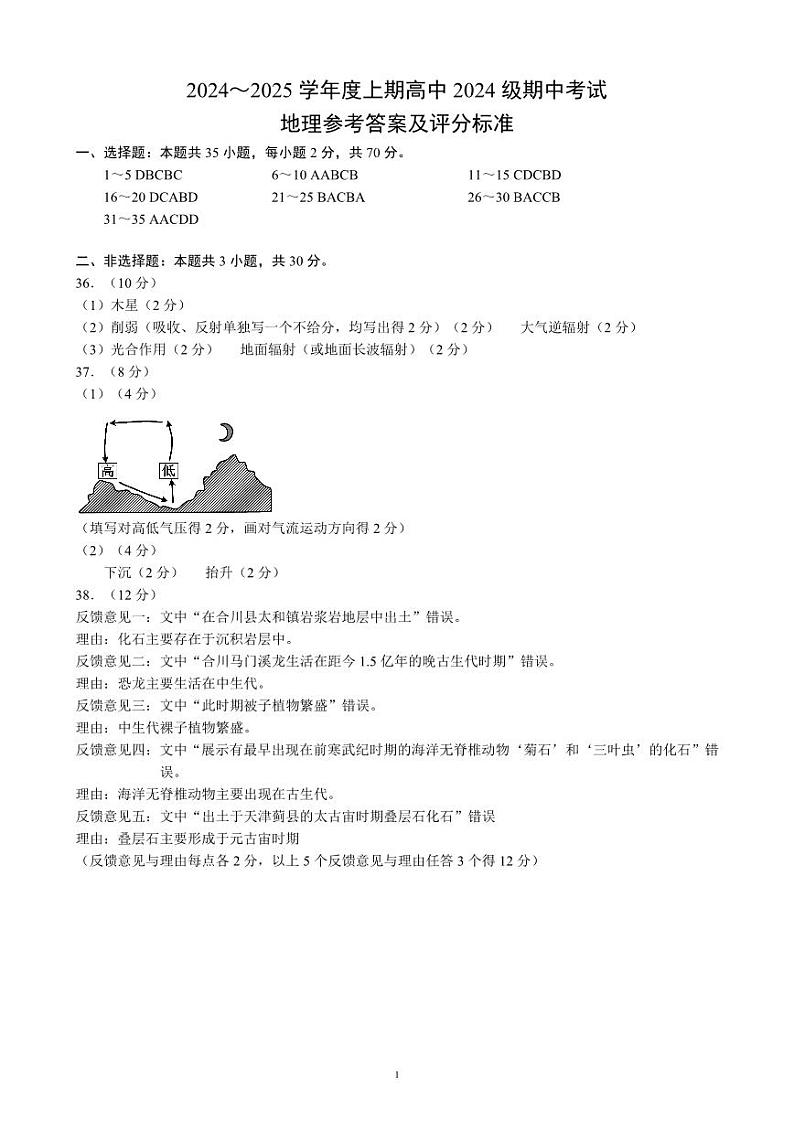 2024～2025学年度上期高中2024级期中考试地理参考答案及评分标准第1页