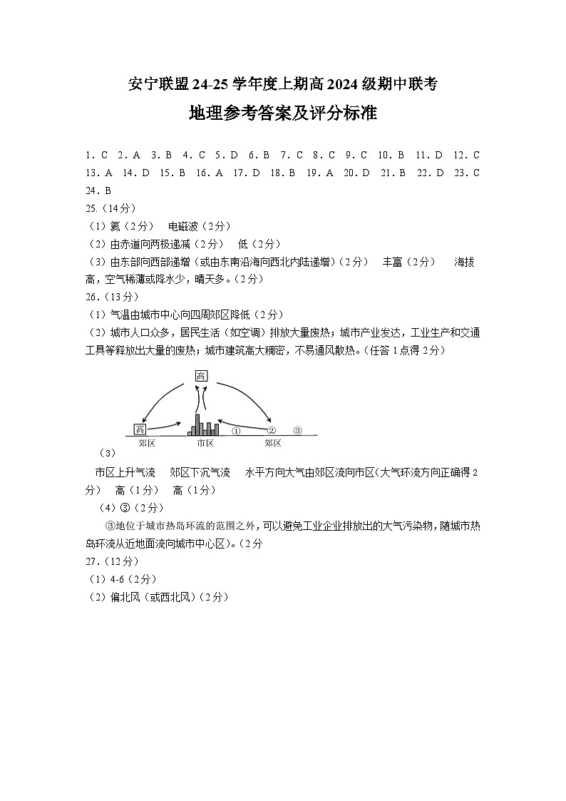 安宁联盟24-25学年度上期高一期中联考地理答案第1页