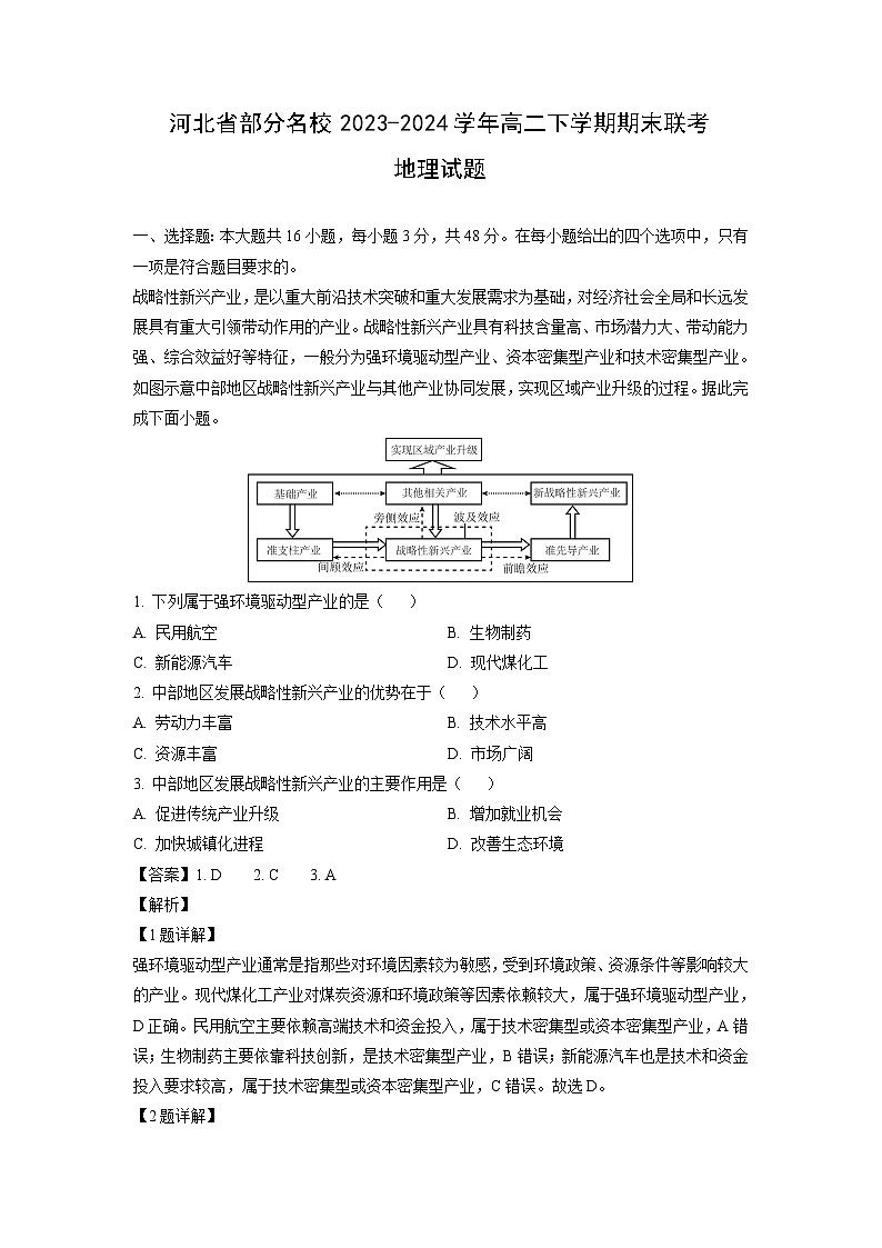 河北省部分名校2023-2024学年高二下学期期末联考地理试卷[解析版]01