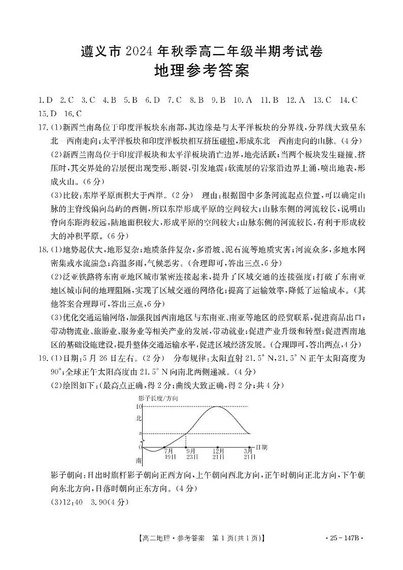 贵州省(贵阳市,遵义市,安顺市)部分市2024-2025学年高二上学期11月期中统考地理试题01