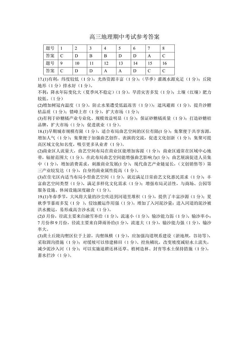 南昌十九中2024-2025学年上学期高三期中考试地理答案第1页