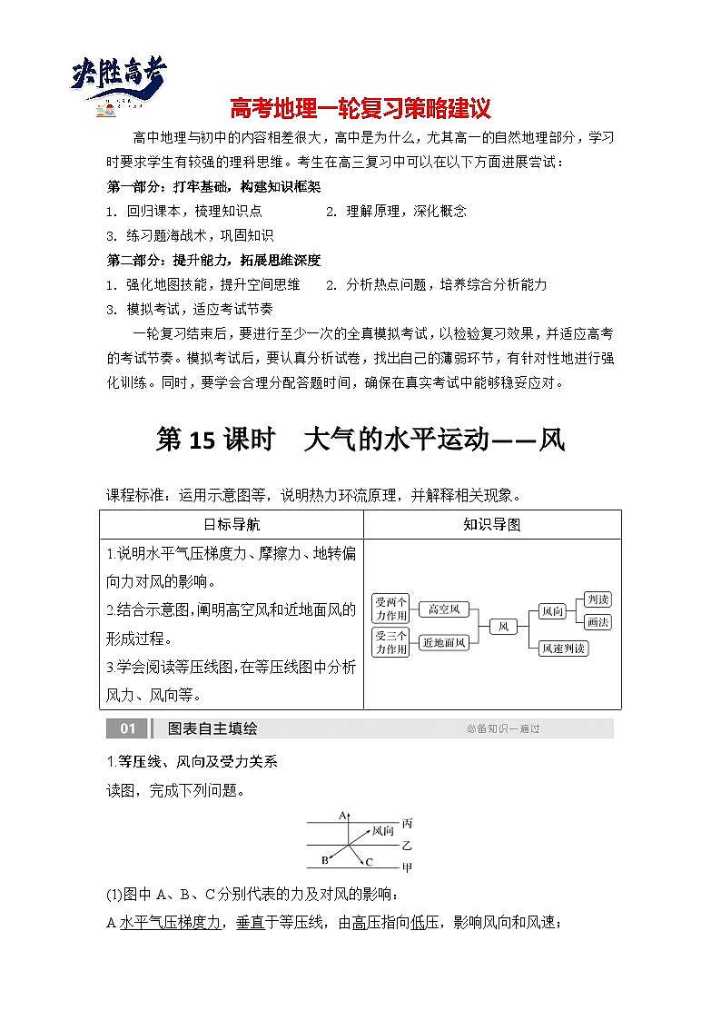 2025届高中地理一轮复习讲义：第一部分自然地理第四单元地球上的大气第15课时　大气的水平运动——风（教师版）第1页