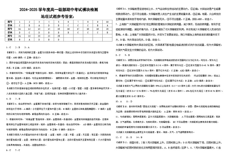 山东省济宁市金乡县清华园实验高级中学2024-2025学年高一上学期期中考试地理试题01