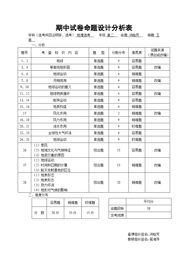 高二地理期中试卷命题设计分析表（2024.11）(1)第1页