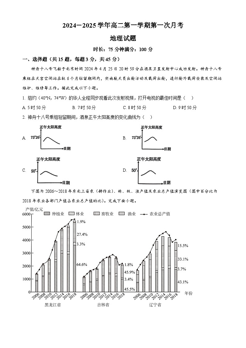 陕西省安康市2024-2025学年高二上学期10月月考地理试题无答案第1页