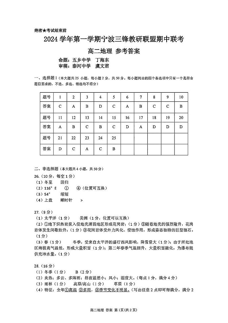 高二地理参考答案第1页