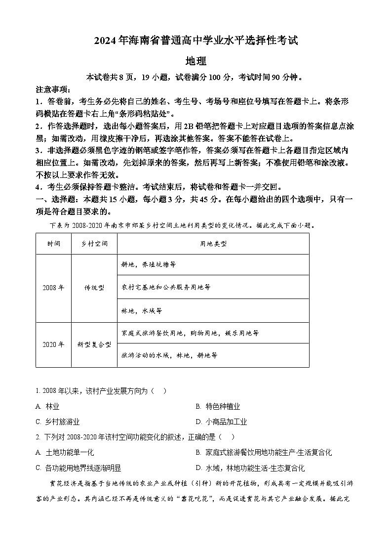 2024年高考真题——地理（海南卷）试卷（Word版附解析）01