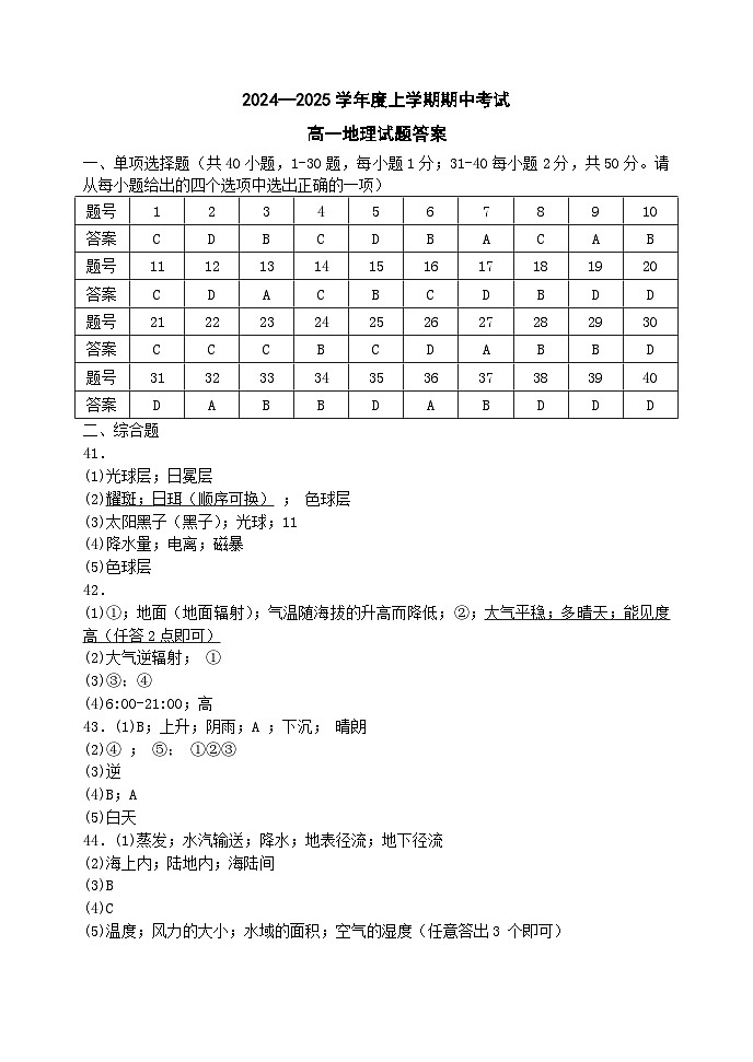 高一地理期中试题答案第1页