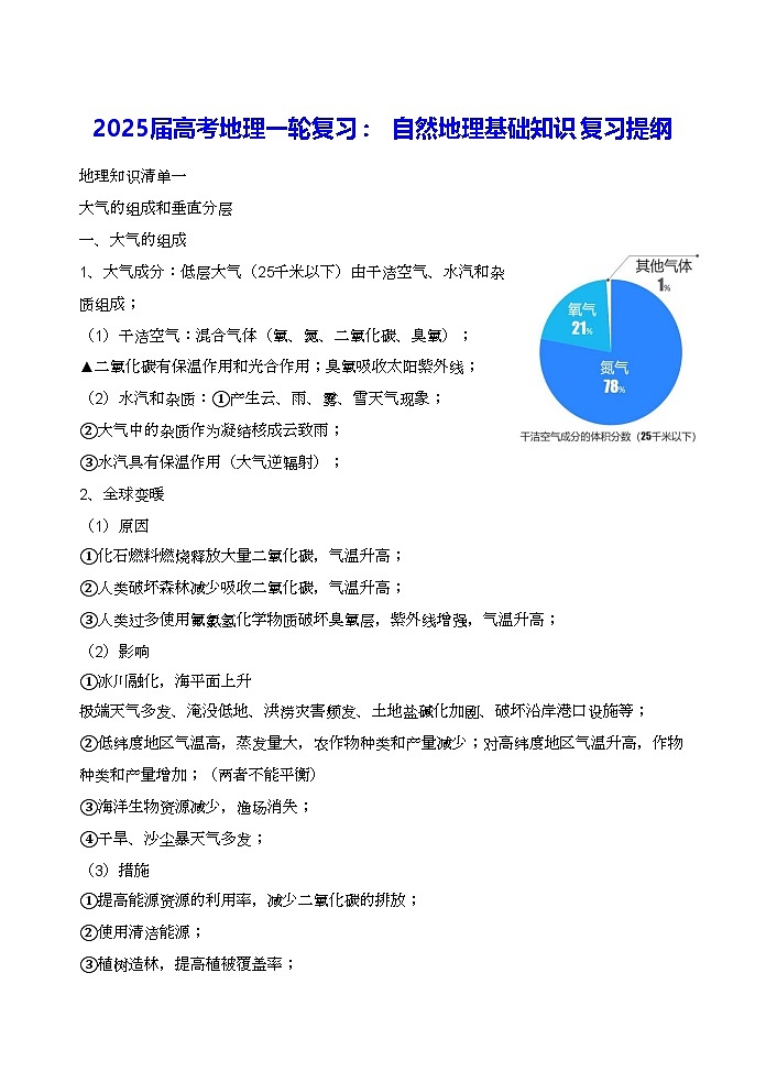 2025届高考地理一轮复习： 自然地理基础知识复习提纲学案第1页