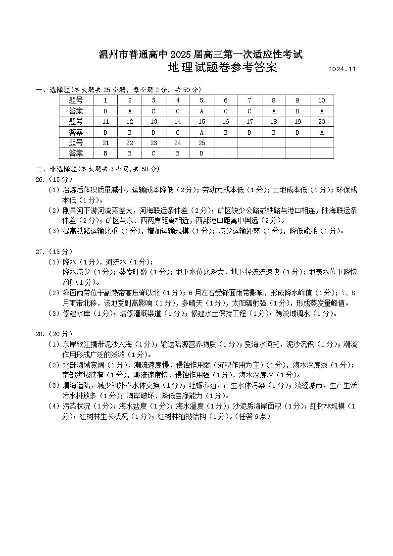浙江省温州市2024-2025学年高三上学期11月第一次适应性考试地理试题答案第1页