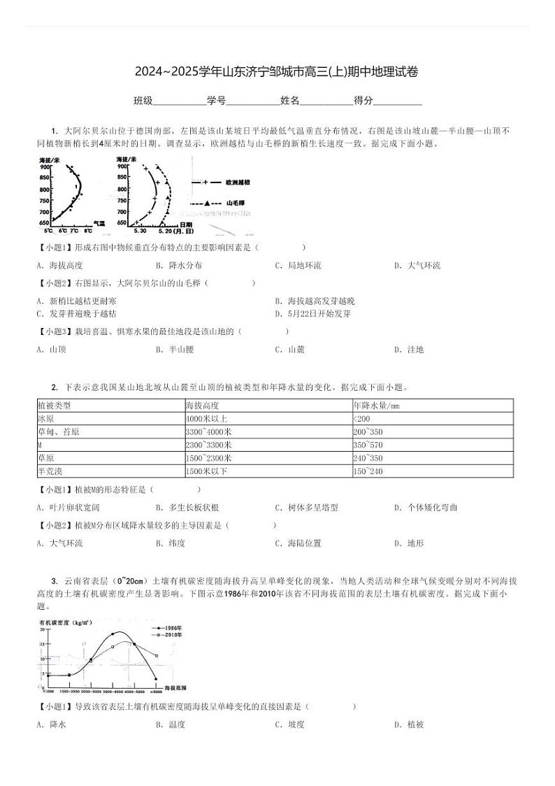 2024～2025学年山东济宁邹城市高三(上)期中地理试卷[原题+解析]第1页