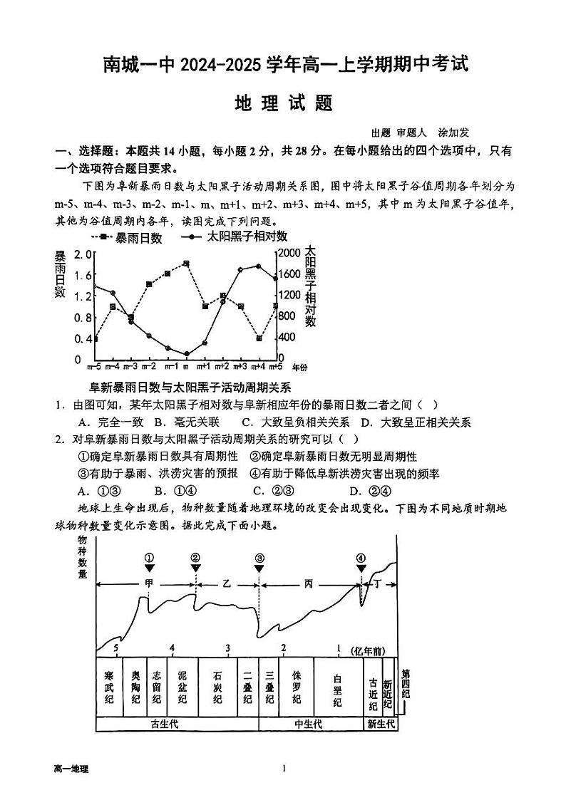江西省抚州市南城县南城一中2024-2025学年高一上学期期中考试地理试题第1页
