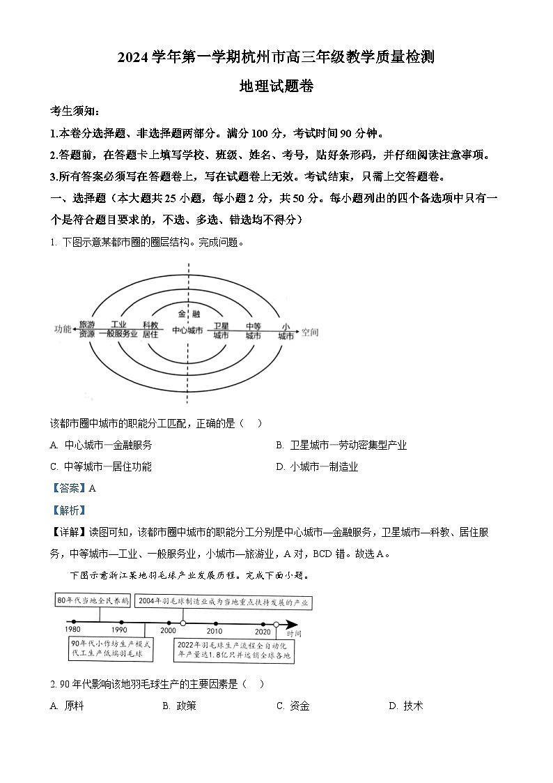 浙江省杭州市2024-2025学年高三上学期一模地理试题含解析第1页