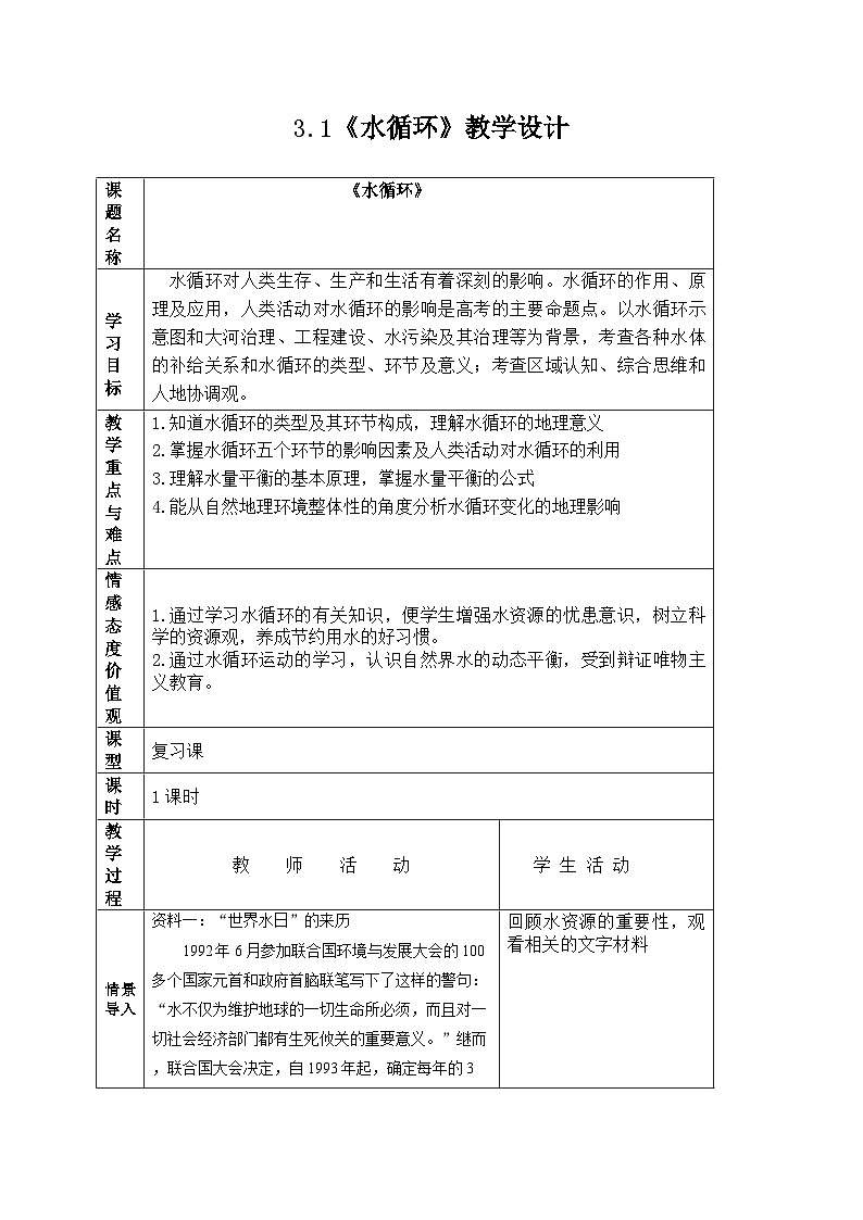 人教版高中地理必修第一册3.1 水循环 (2) 教案第1页