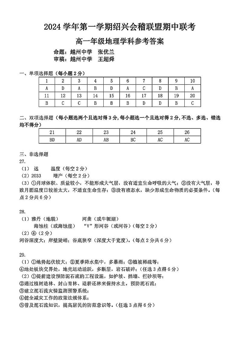 浙江省绍兴市会稽联盟2024-2025学年高一上学期11月期中联考地理试题01
