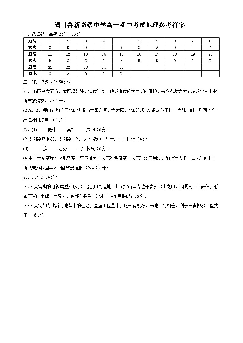 河南省潢川善新高级中学2024-2025学年高一上学期期中考试地理试题01