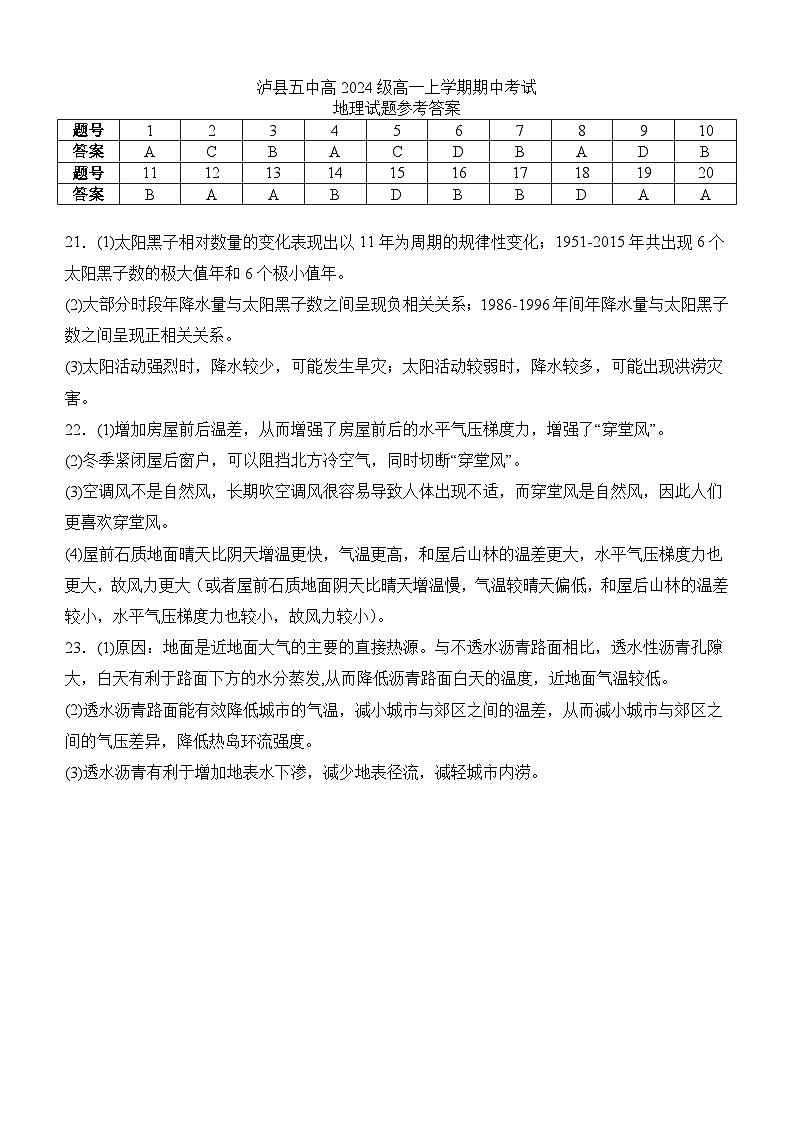 泸县五中2024年秋期高一期中考试地理试题答案第1页