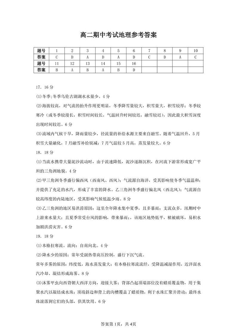高二地理参考答案第1页