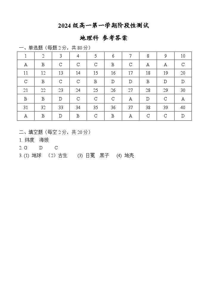 2024级高一第一学期阶段性测试 参考答案第1页