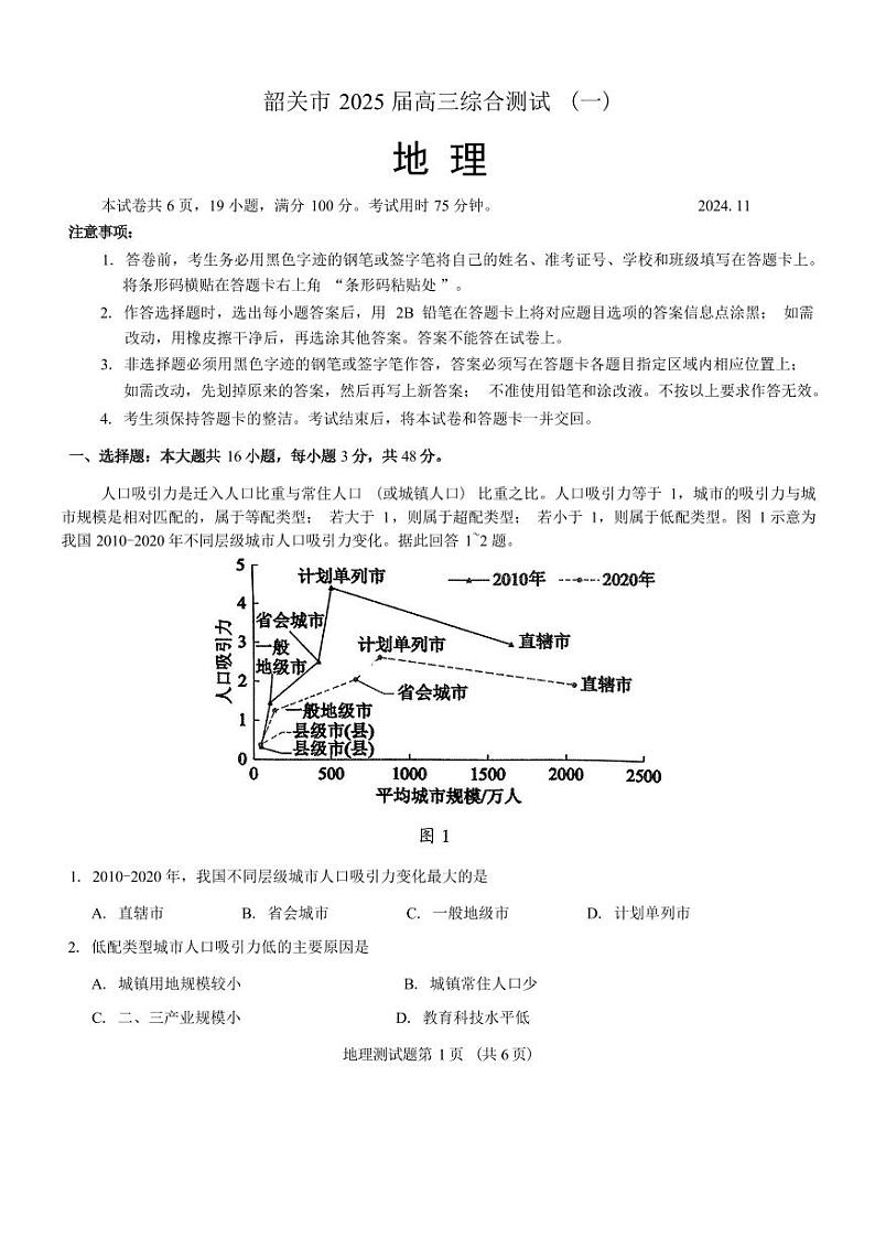 2025届广东省韶关高三上学期11月考-地理试题+答案第1页