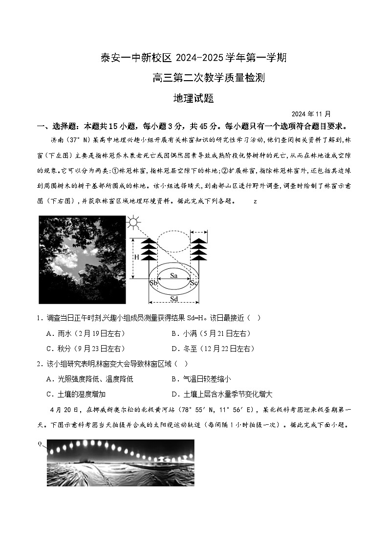 山东省泰安第一中学2025届高三上学期11月月考地理试题第1页