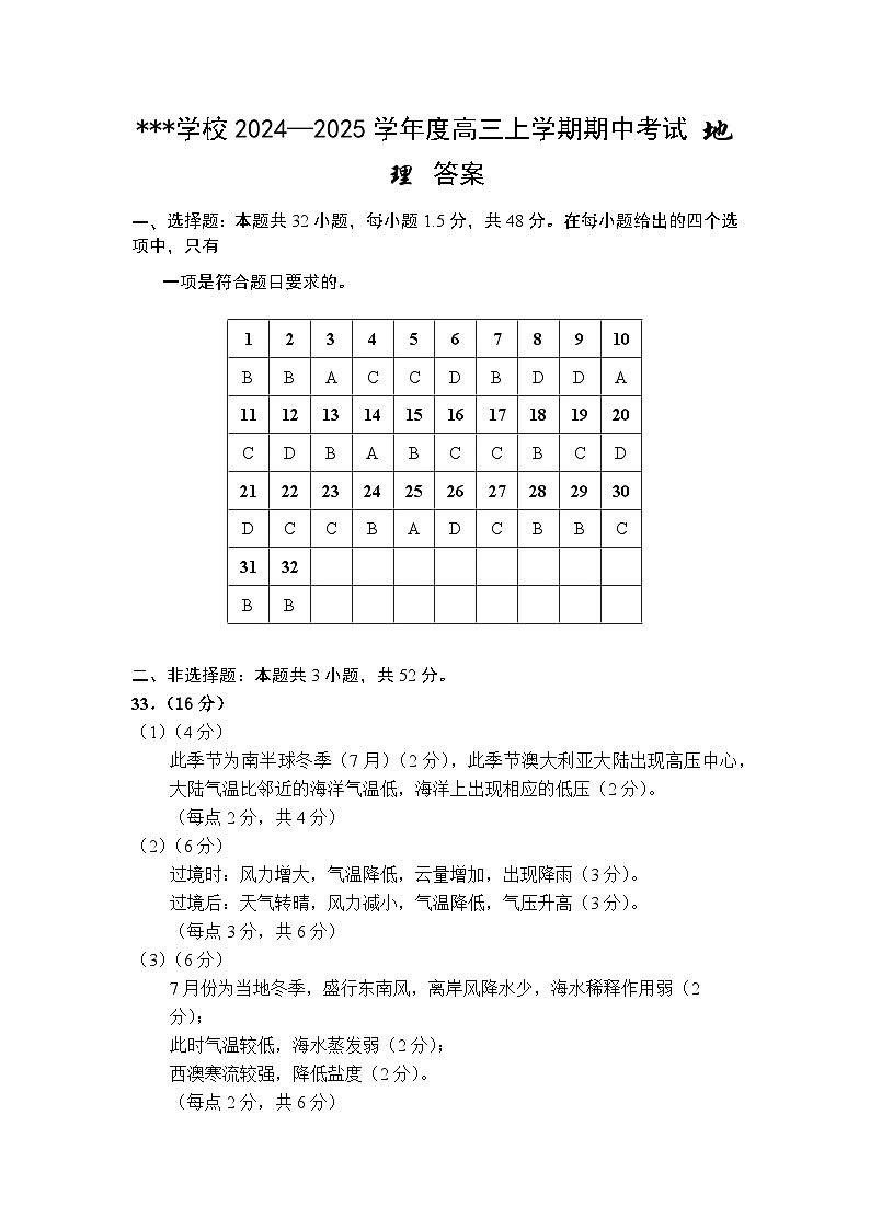 【百强校】【黑吉辽卷】黑龙江省哈尔滨市师范大学附属中学2024-2025学年高三上学期期中考试（11.15-11.16）地理试卷答案第1页