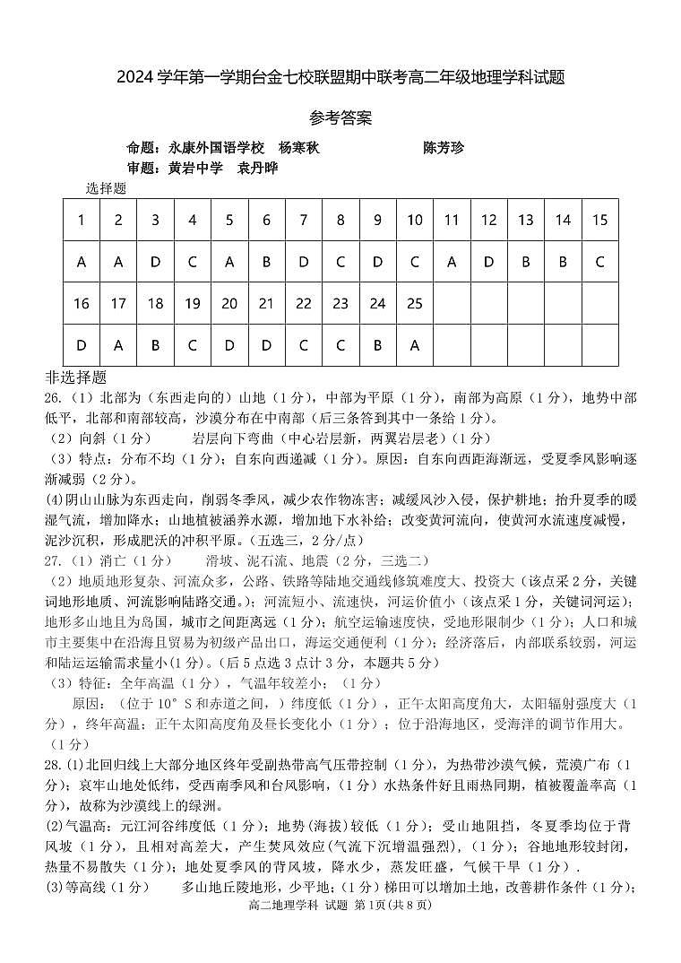 浙江省台金七校联盟2024-2025学年高二上学期期中联考地理试题01