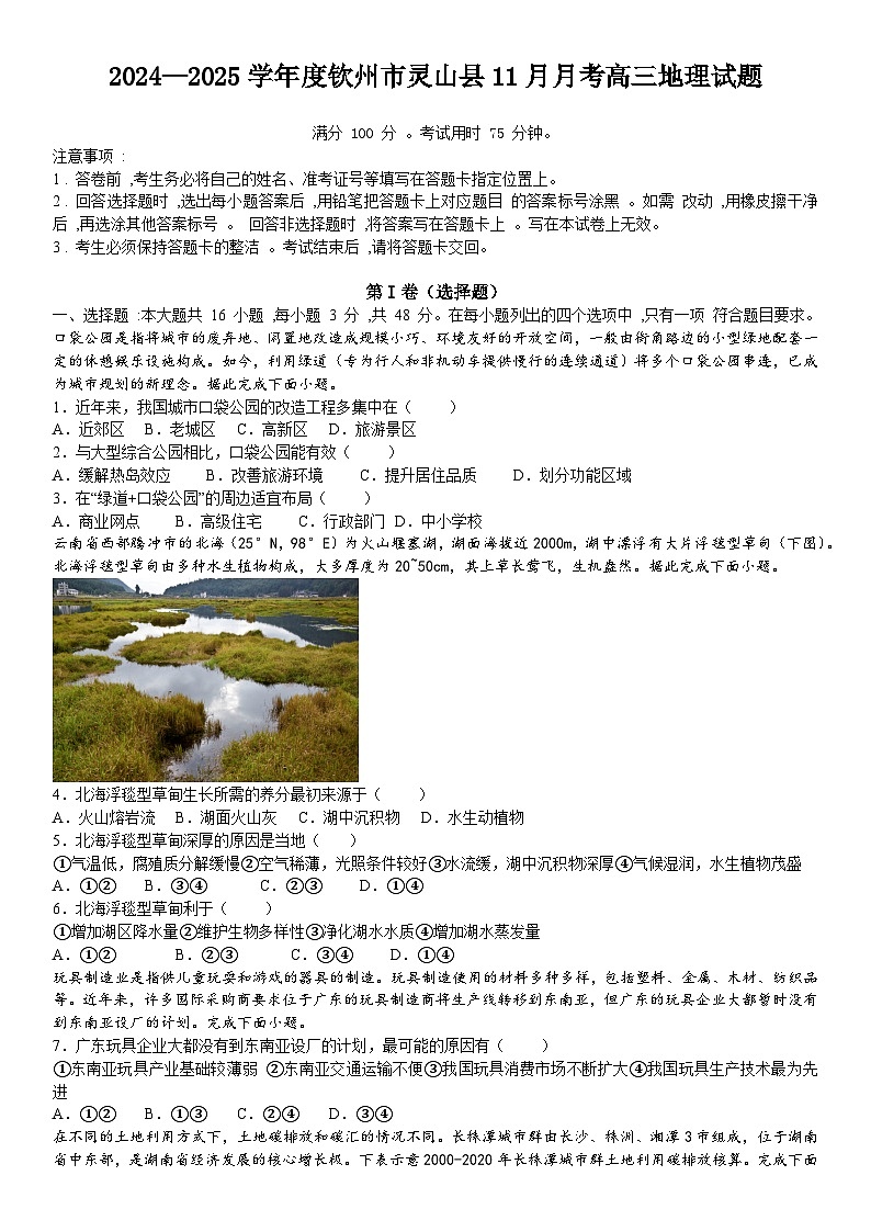 广西钦州市灵山县2024-2025学年高三上学期11月月考地理试题第1页