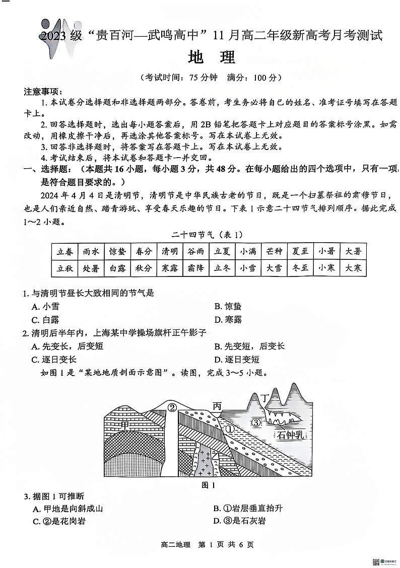 2023级“贵百河---武鸣高中”11月高二年级新高考月考地理试题第1页