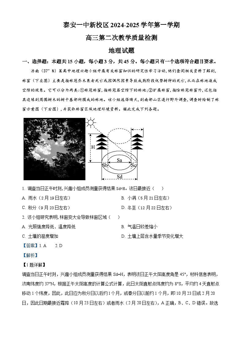 山东省泰安第一中学2025届高三上学期11月月考地理试题含解析第1页