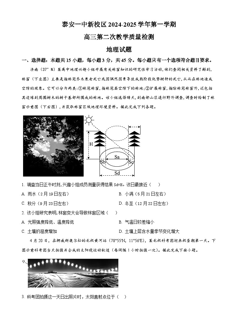 山东省泰安第一中学2025届高三上学期11月月考地理试题第1页
