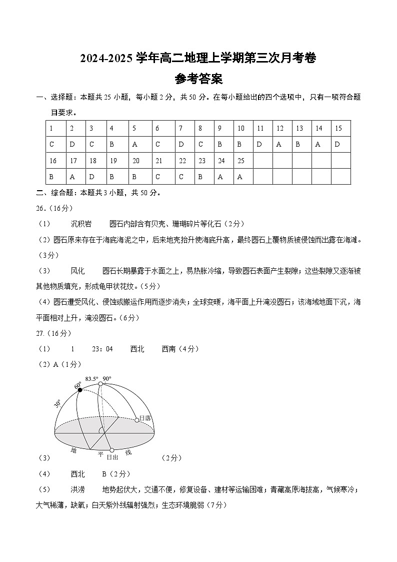 高二地理第三次月考卷(参考答案）第1页
