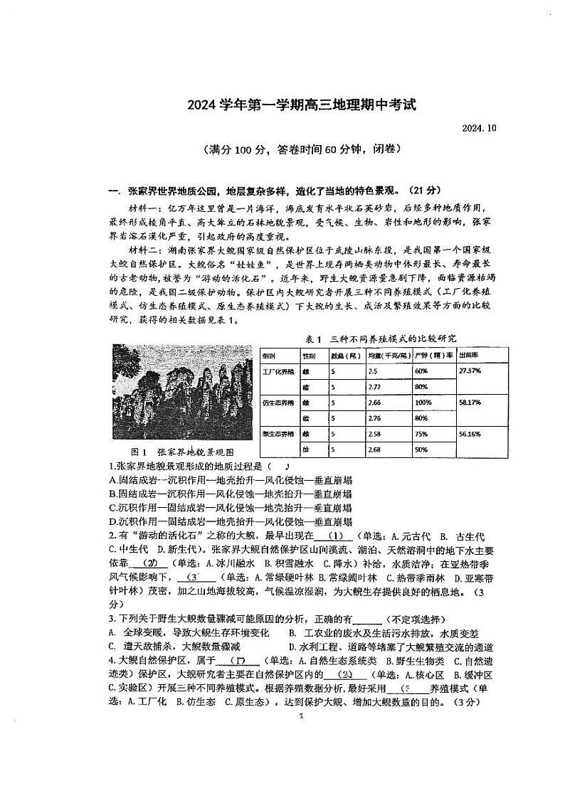 上海市西中学2024-2025学年高三上学期期中考试地理试题第1页