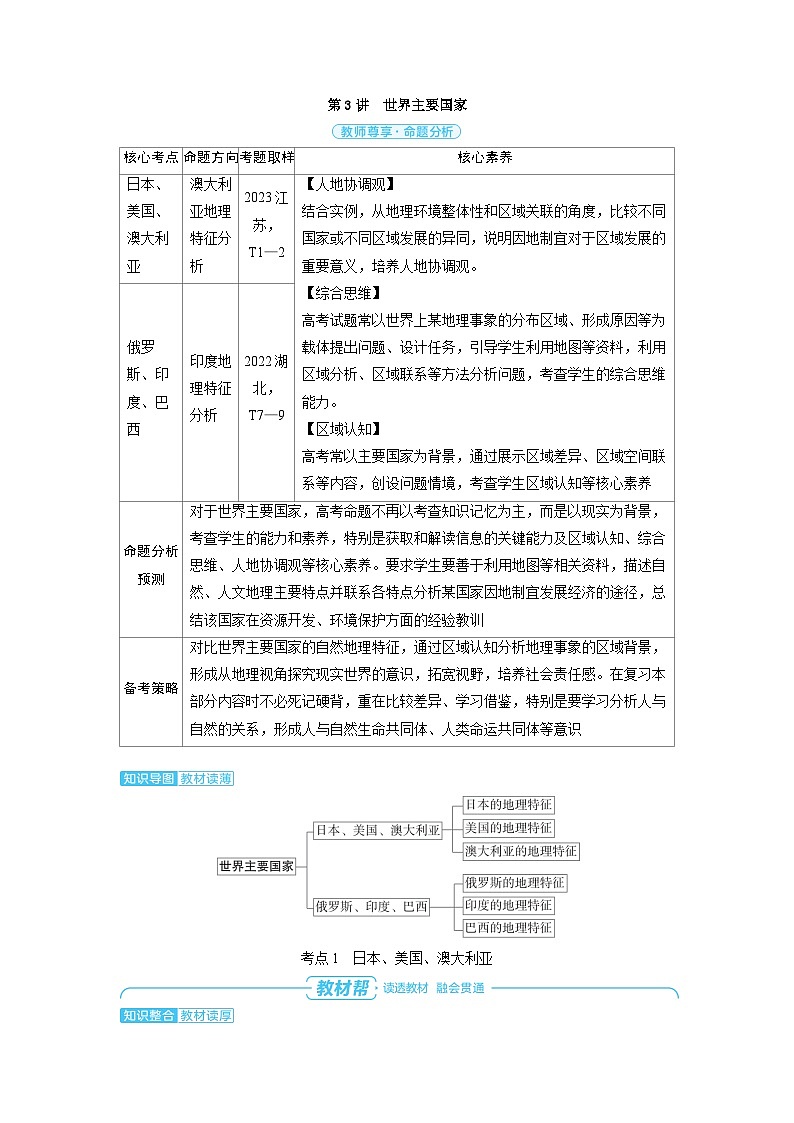 备战2025年高考地理精品教案第五部分区域地理第一章世界地理第3讲世界主要国家（Word版附解析）第1页