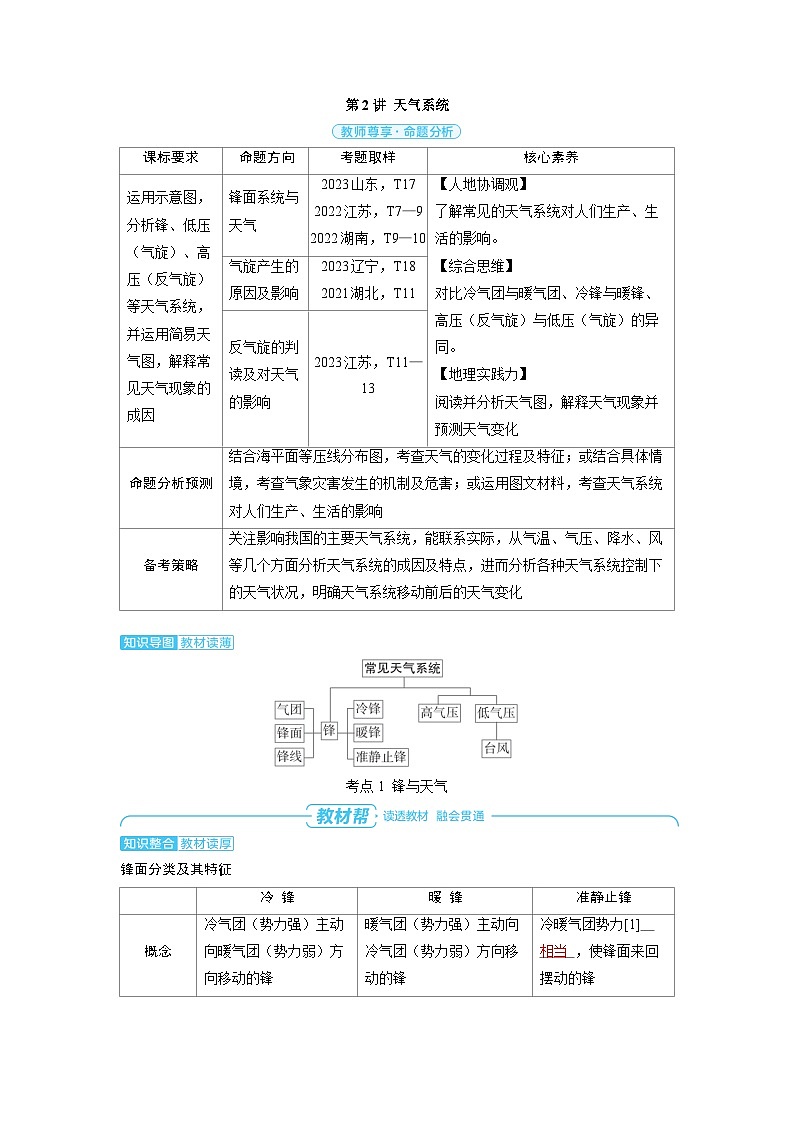 备战2025年高考地理精品教案第一部分自然地理第三章大气的运动第2讲天气系统（Word版附解析）第1页