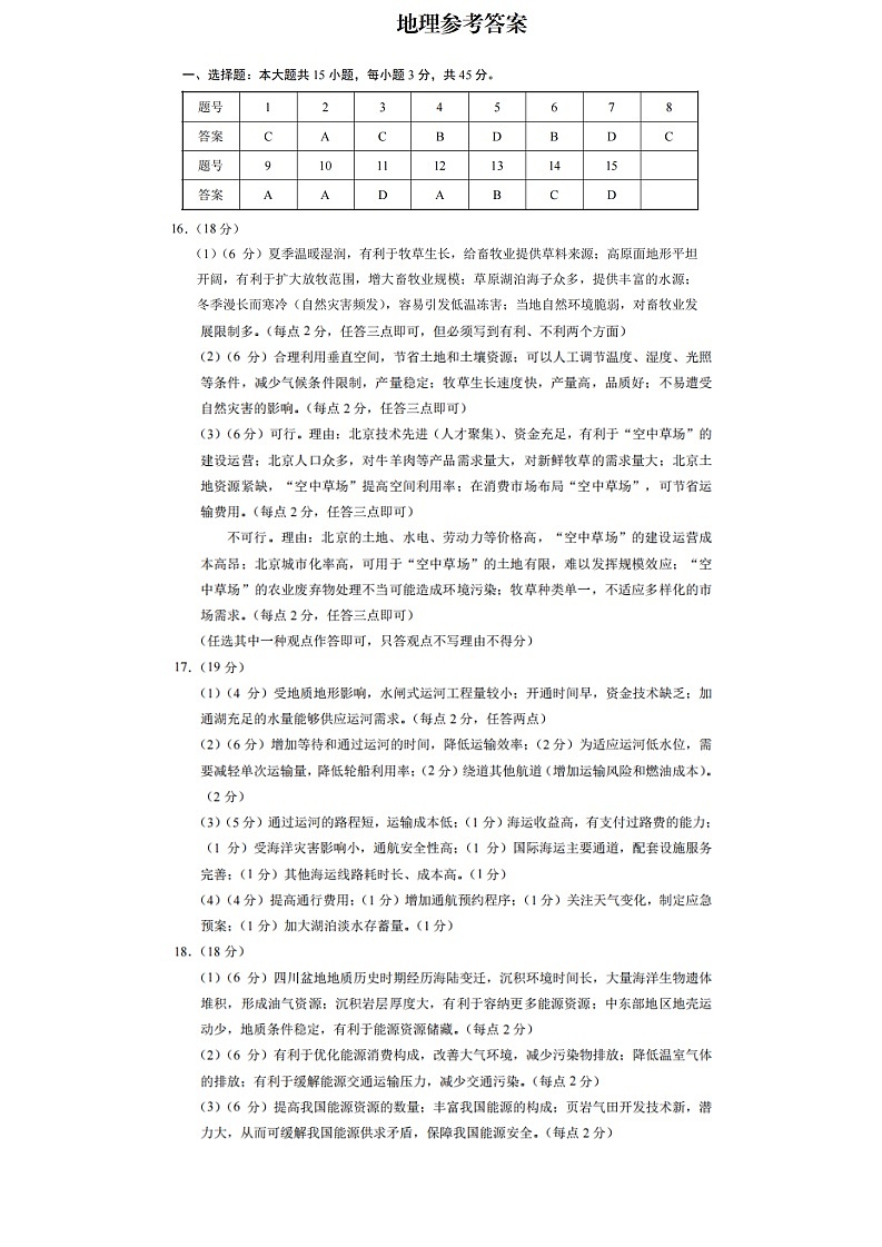 重庆市第一中学2025届高三11月期中考试地理答案第1页
