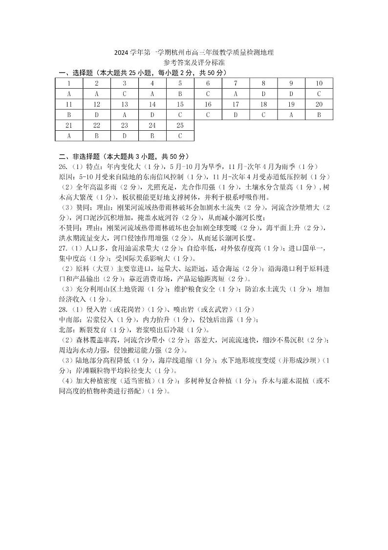 24.11杭州一模地理答案第1页