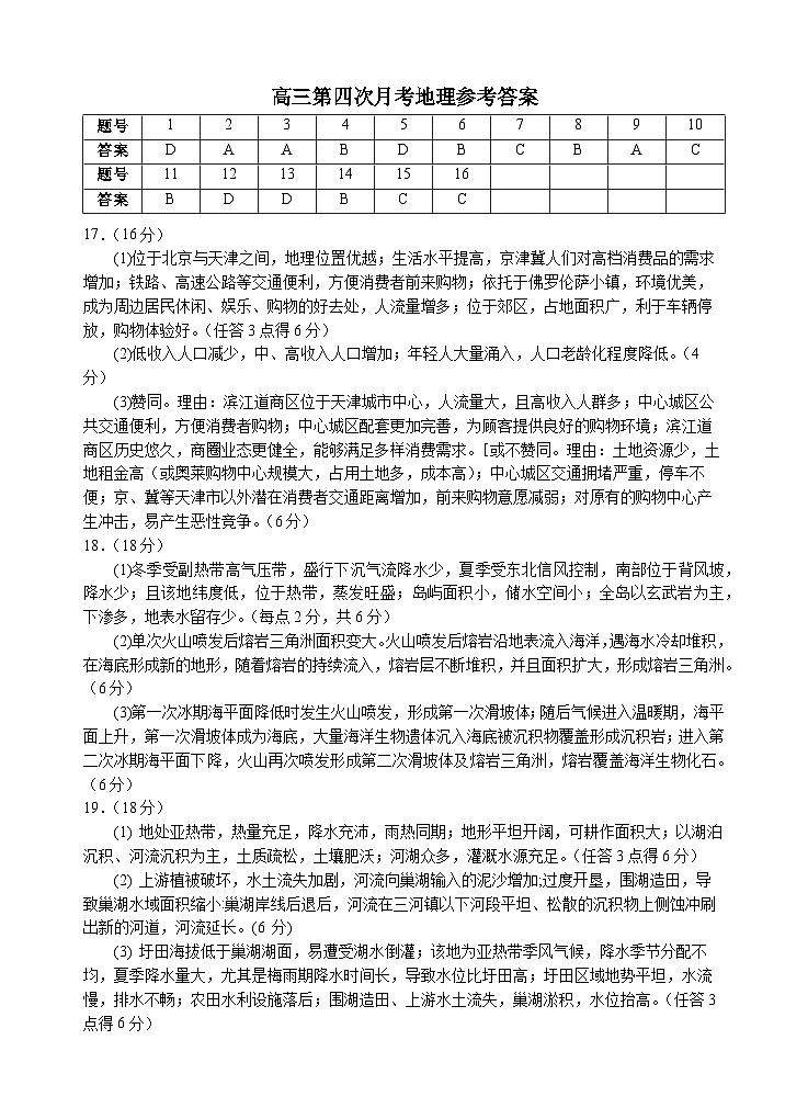 2025届高三第四次月考地理试卷答案第1页