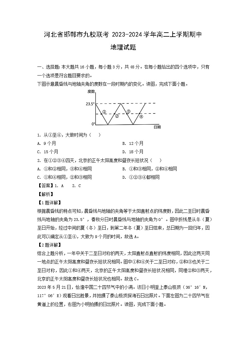 2023~2024学年河北省邯郸市九校联考高二(上)期中地理试卷(解析版)第1页