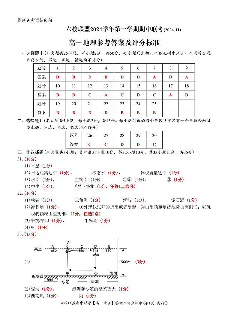 【高一 地理 • 答案和评分标准】六校联盟2024.11 期中联考（11.5-2）第1页