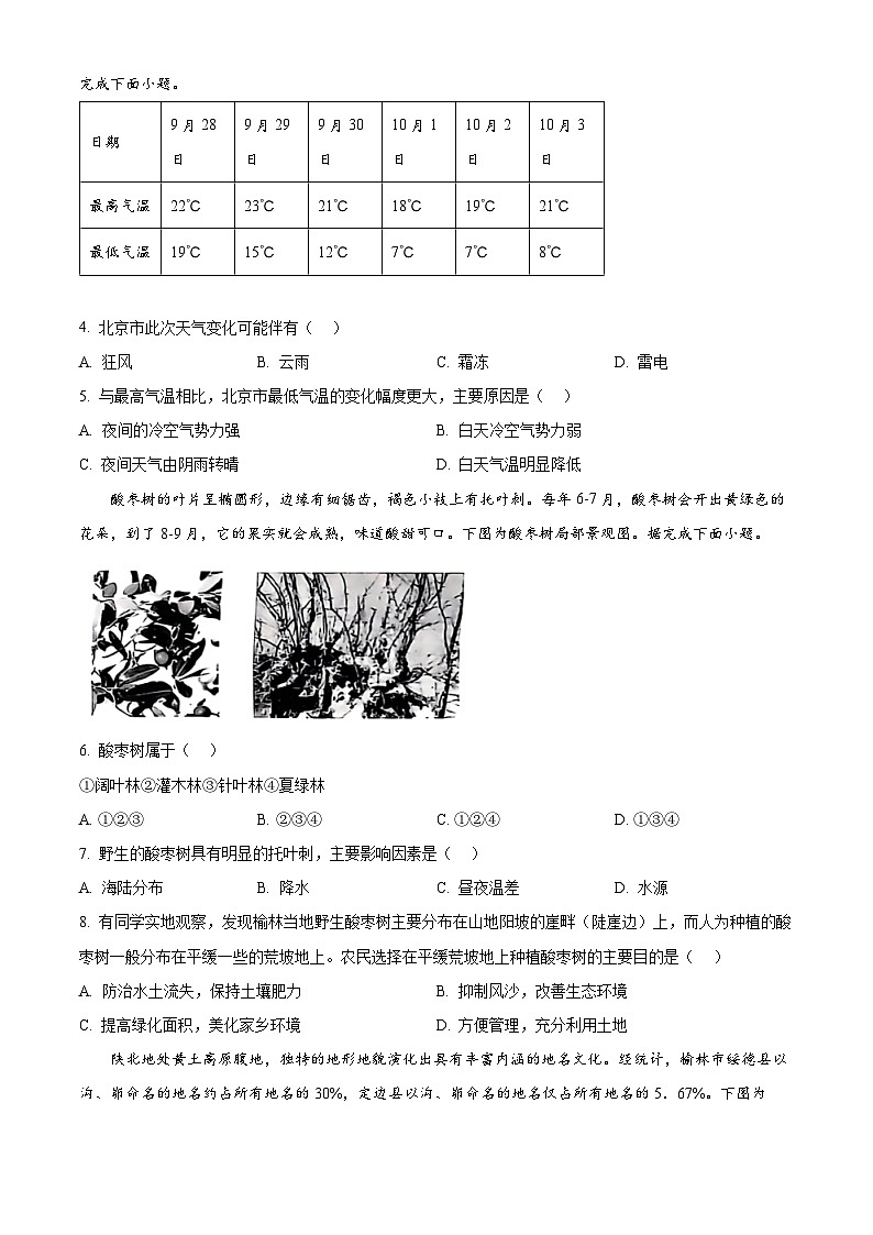 陕西省榆林市2024-2025学年高三上学期11月第一次模拟检测地理试题  Word版无答案第2页