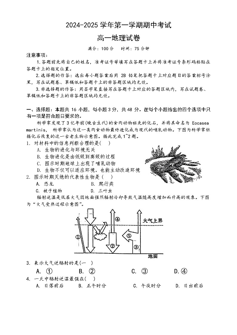 辽宁省大连市普兰店区四校2024~2025学年高一上学期11月期中地理试题第1页